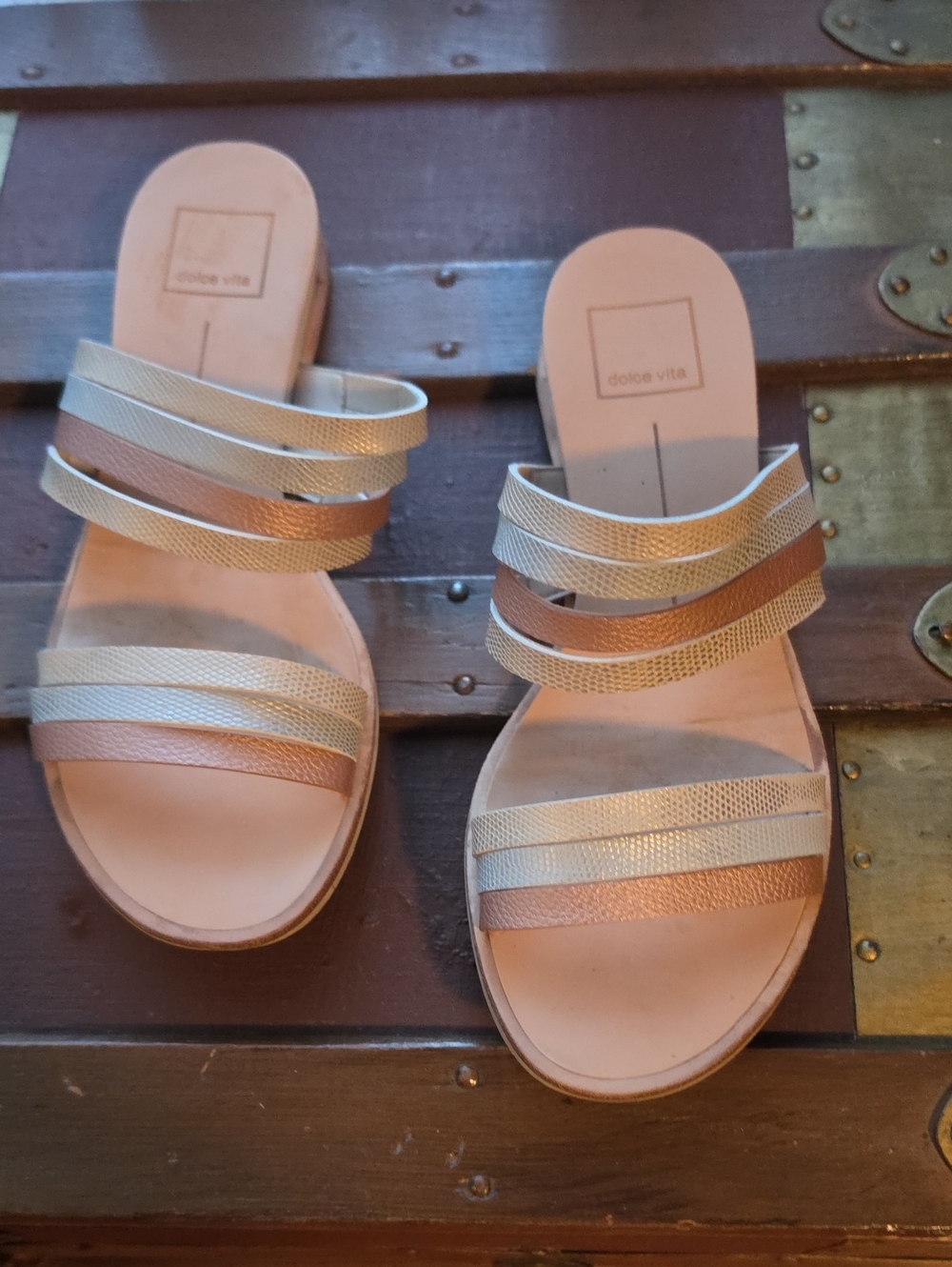 Dolce Vita Metallic Triple-Strap Slide Sandals in Rose Gold, Silverand Champagne